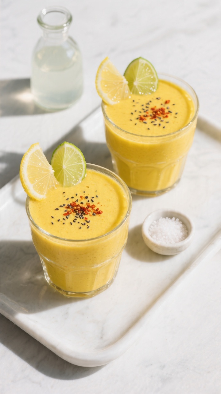 Overhead “tasty top view” of two finished Spicy Ginger Smoothies on a matte white tray: vibrant 