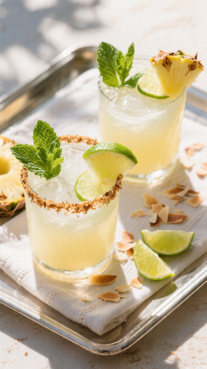Overhead “tasty top view” of two fully garnished Tropical Pineapple Coconut Mocktails on a sunli
