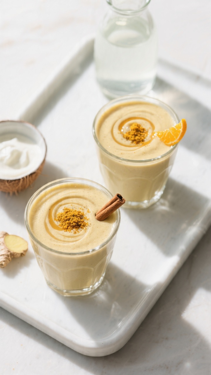 Overhead “tasty top view” of two glasses of the finished ginger smoothie on a white ceramic tray