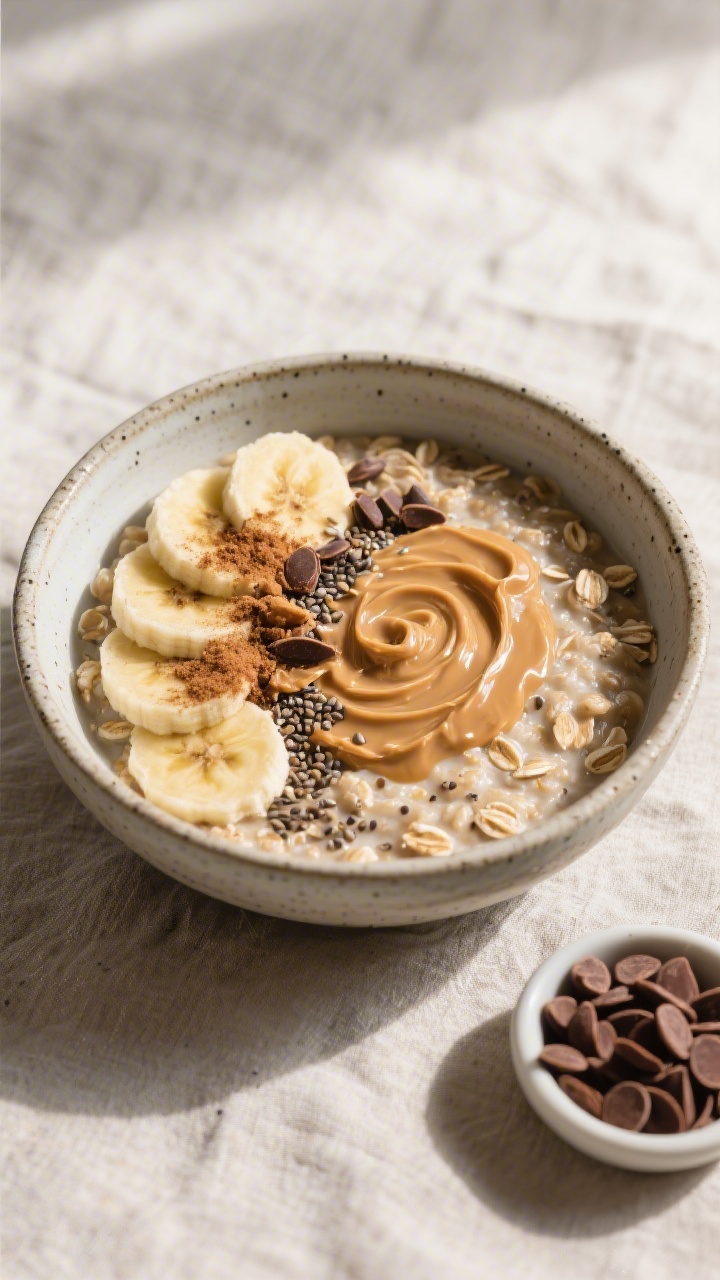 Overhead tasty top view: Peanut Butter Banana high-protein oatmeal, thick and creamy from Greek yogu