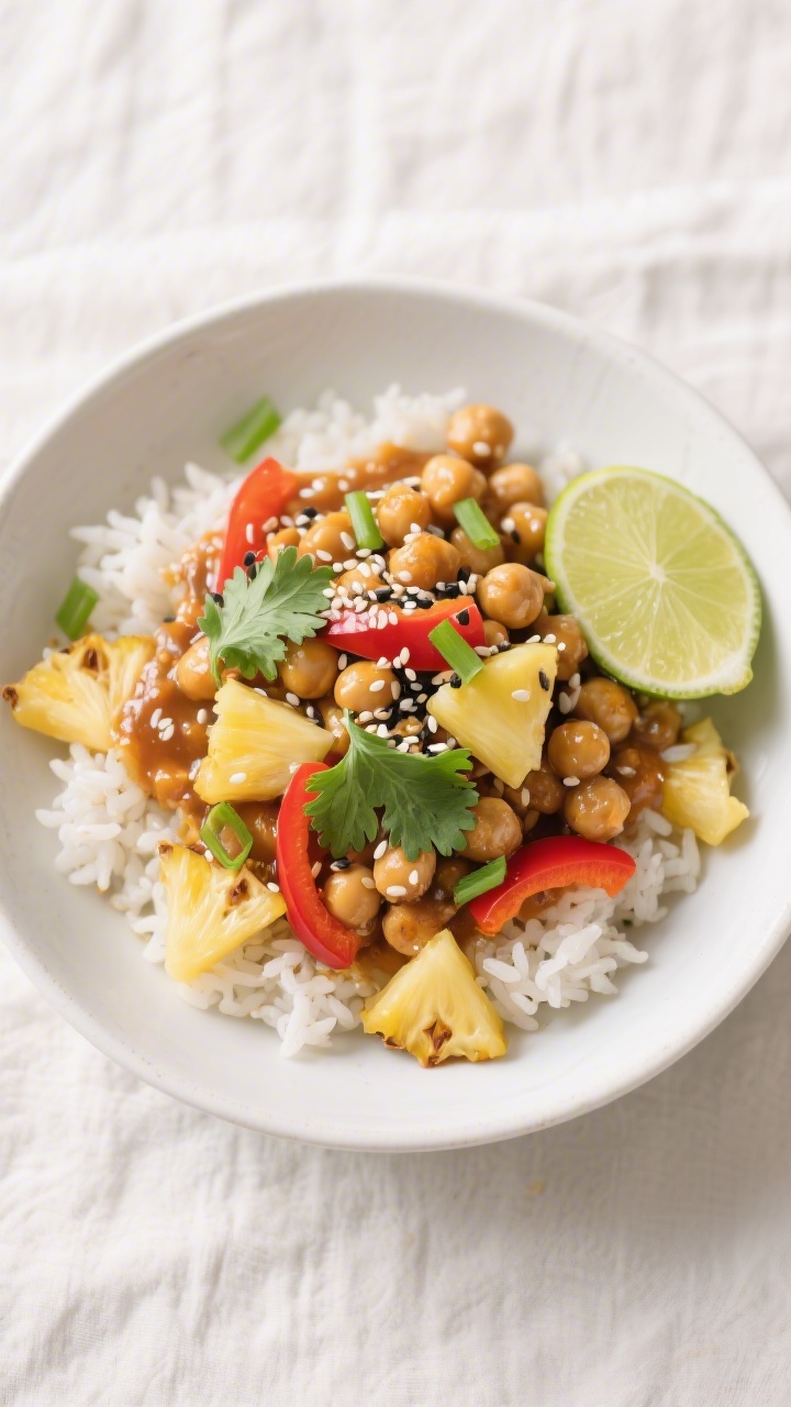 Overhead “tasty top view” shot: A bright bowl of Pineapple Chickpeas over fluffy jasmine rice, s