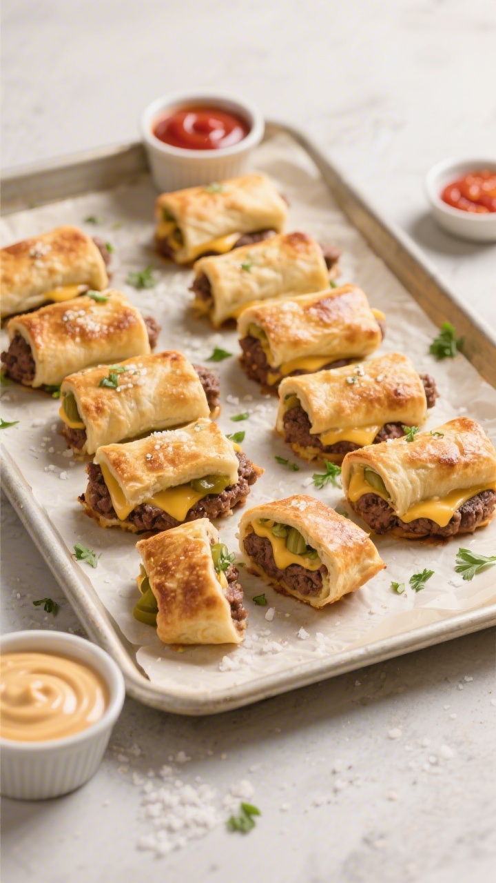 Overhead “tasty top view” shot: A parchment-lined sheet pan with 8–10 baked Garlic Butter Beef