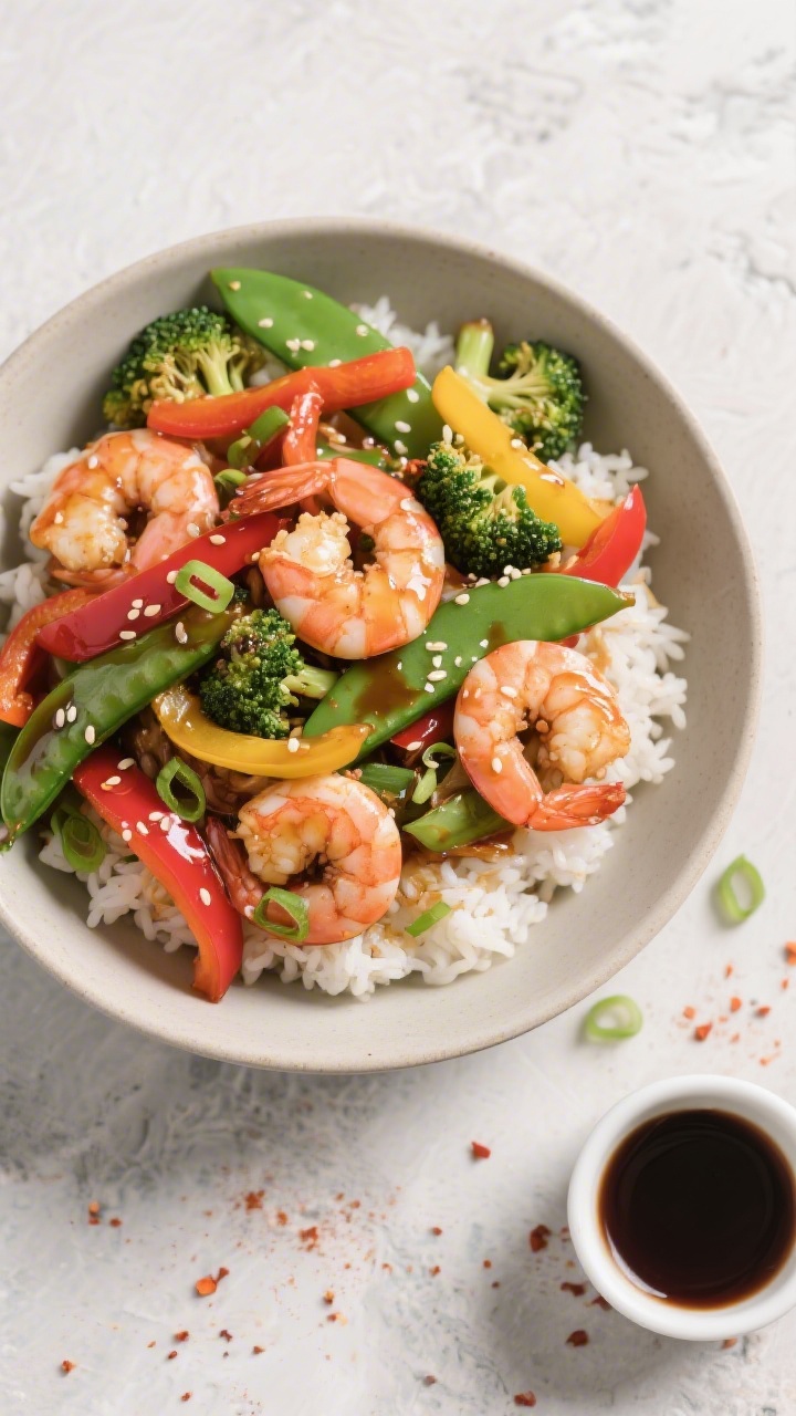 Overhead tasty top view: Shrimp Stir-Fry bowl—juicy pink shrimp lacquered with soy-honey-sesame gl