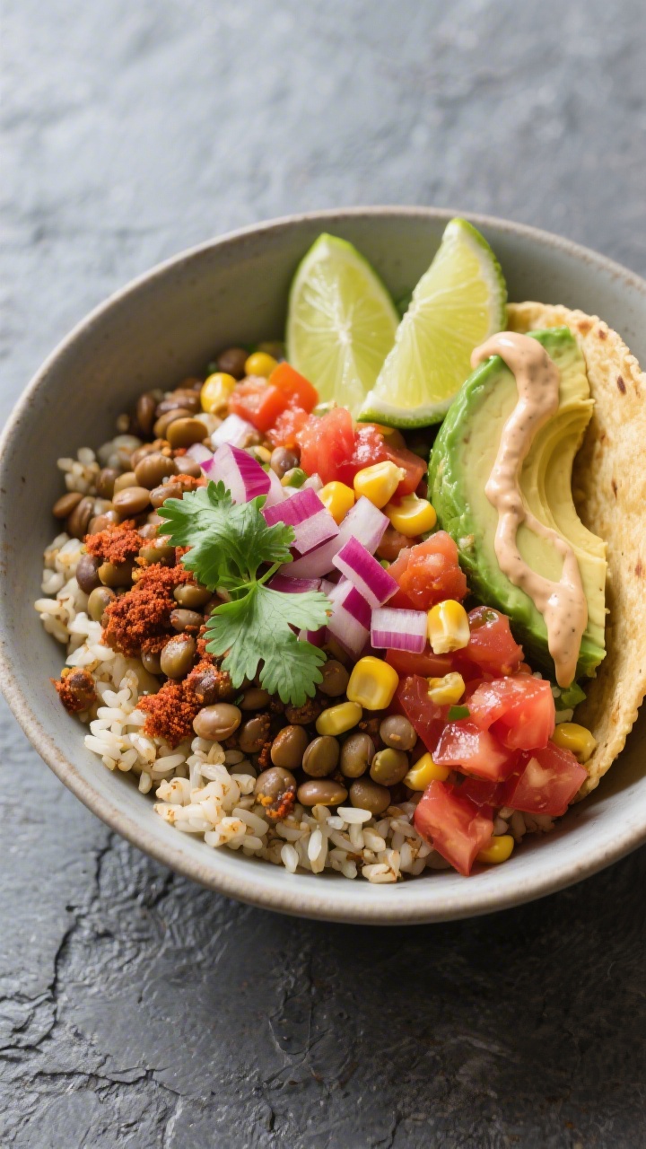 Overhead tasty top view: Smoky lentil taco bowls artfully arranged—warm rice or quinoa base topped