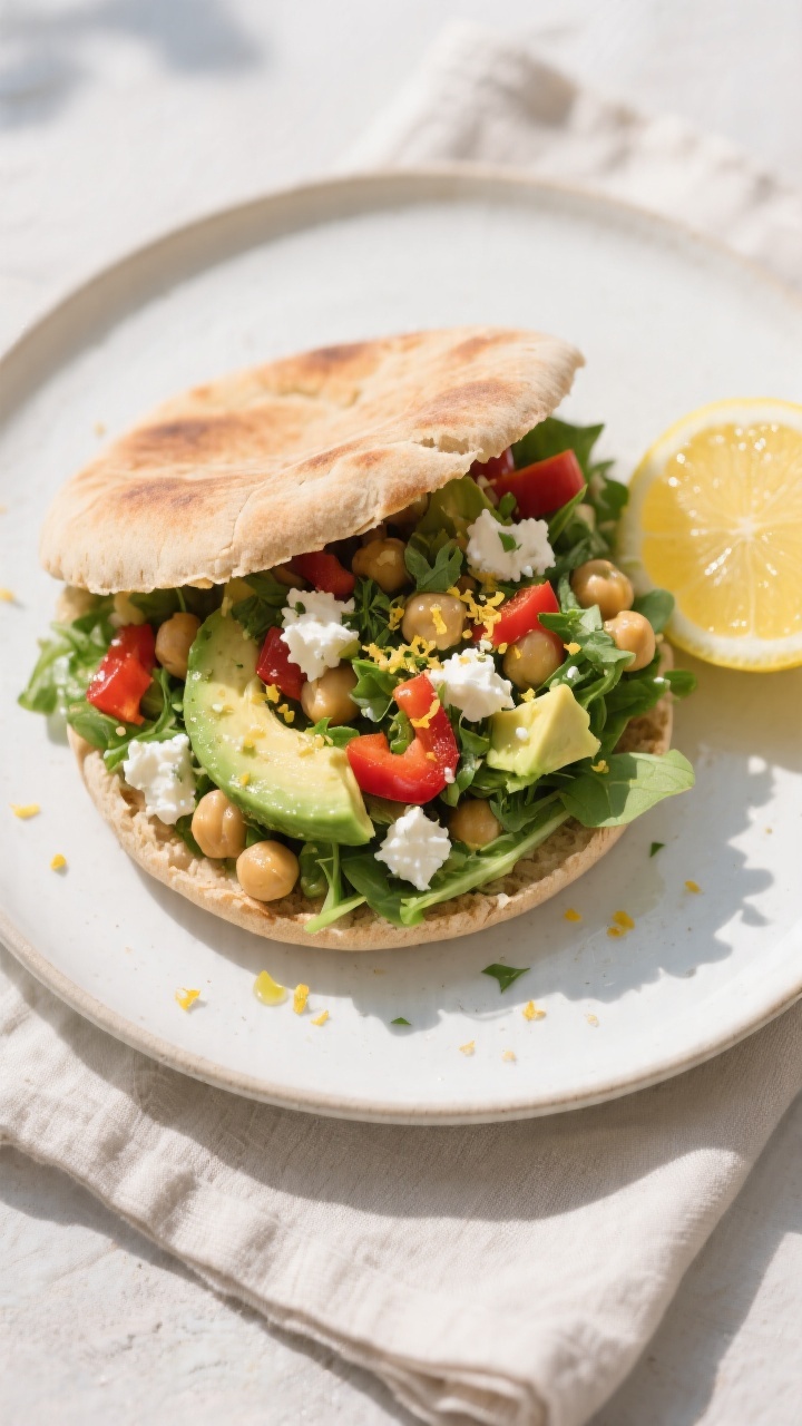 Overhead “tasty top view”: The finished Avocado Chickpea Salad piled generously into a halved, w
