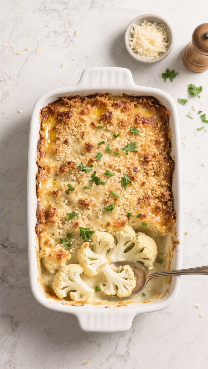 Overhead “tasty top view”: The finished Cauliflower Gratin in a 9x13 white casserole, evenly bro