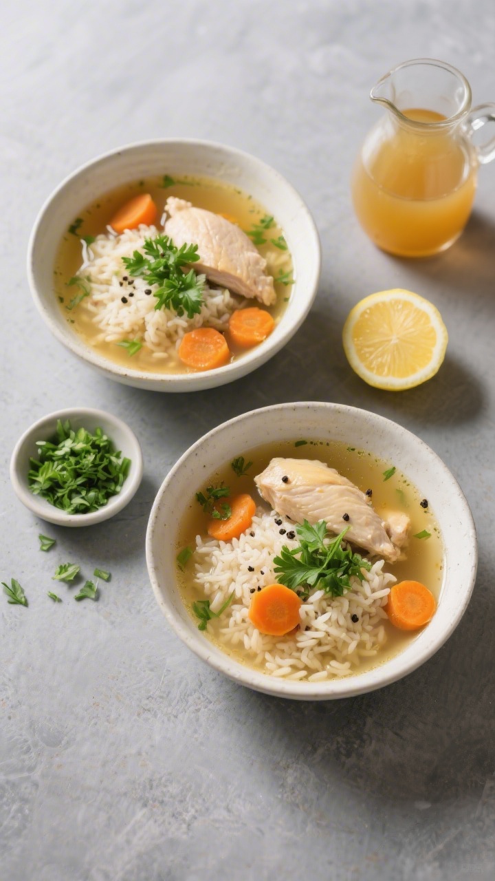Overhead “tasty top view”: Top-down shot of chicken and rice soup arranged in two bowls, emphasi
