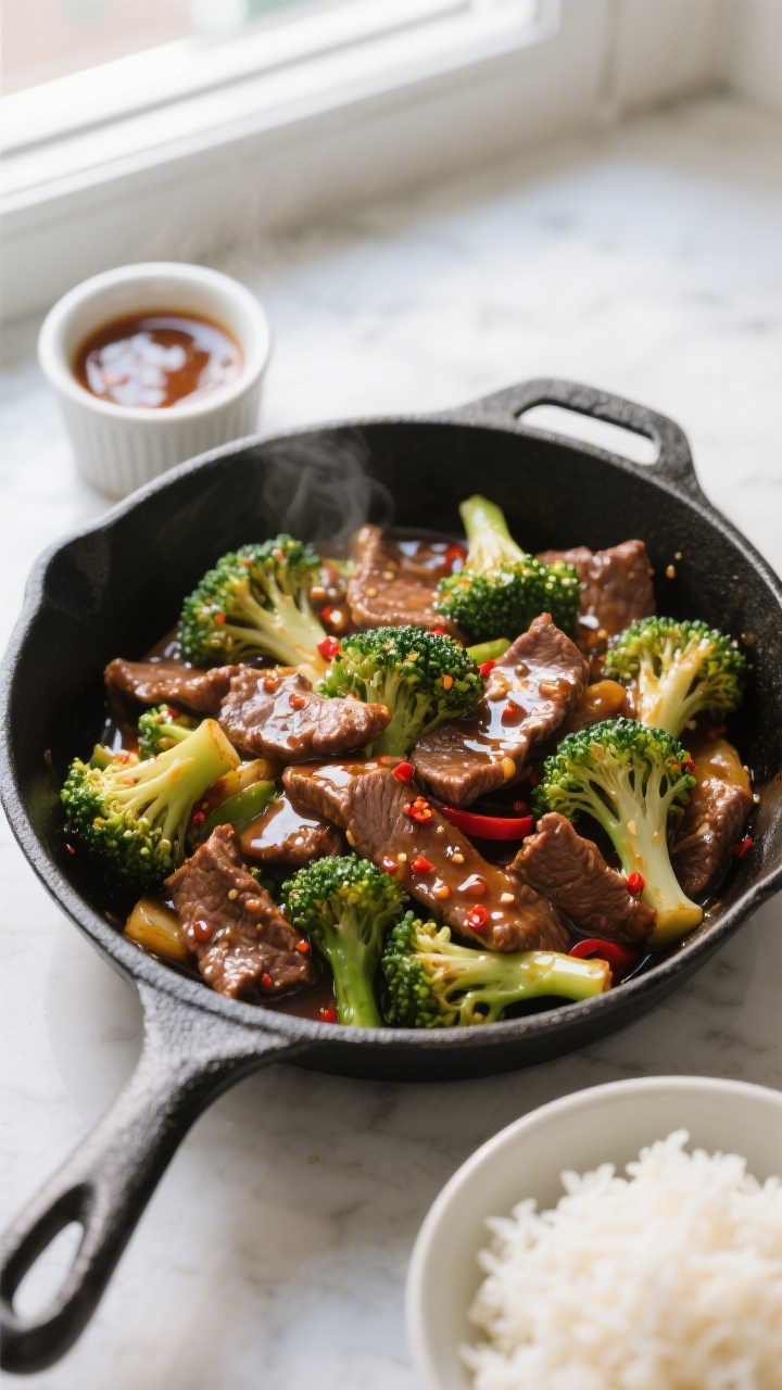 Overhead “tasty top view”: Top-down shot of glossy Beef Broccoli Stir Fry in a black cast-iron s