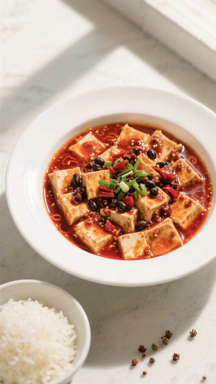 Overhead tasty top view: Top-down shot of Mapo Tofu served family-style in a wide white bowl, showin