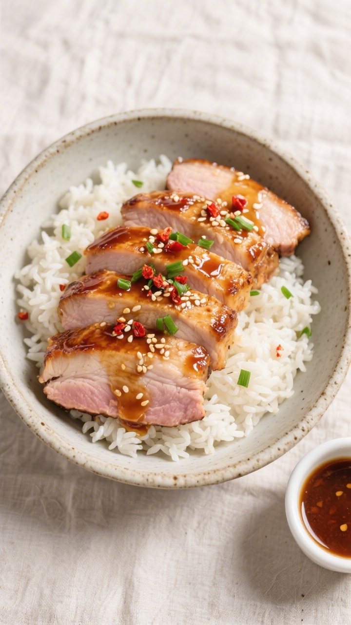 Overhead tasty top view: Top-down shot of sliced honey garlic pork chops fanned over fluffy steamed 