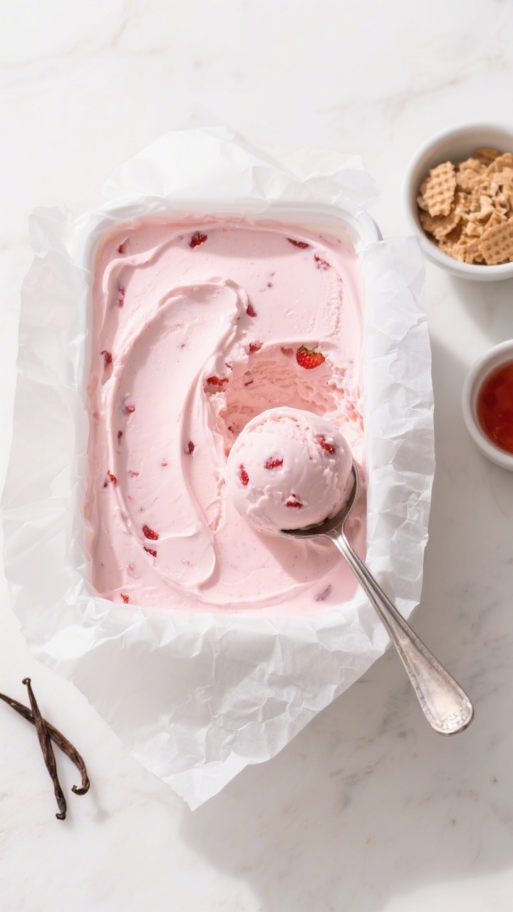 Overhead top-down shot of a freezer container of strawberry ice cream just out of the freezer, parch