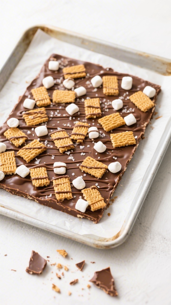 Overhead top-down shot of a rimmed baking sheet lined with parchment holding the spread and finished