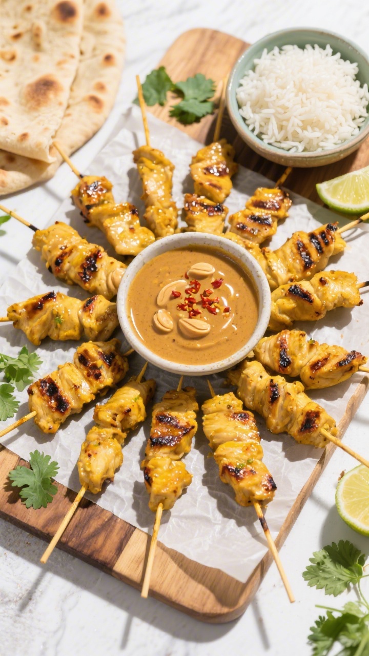Overhead top view: Abundant, share-style spread of grilled chicken satay skewers arranged in a radia
