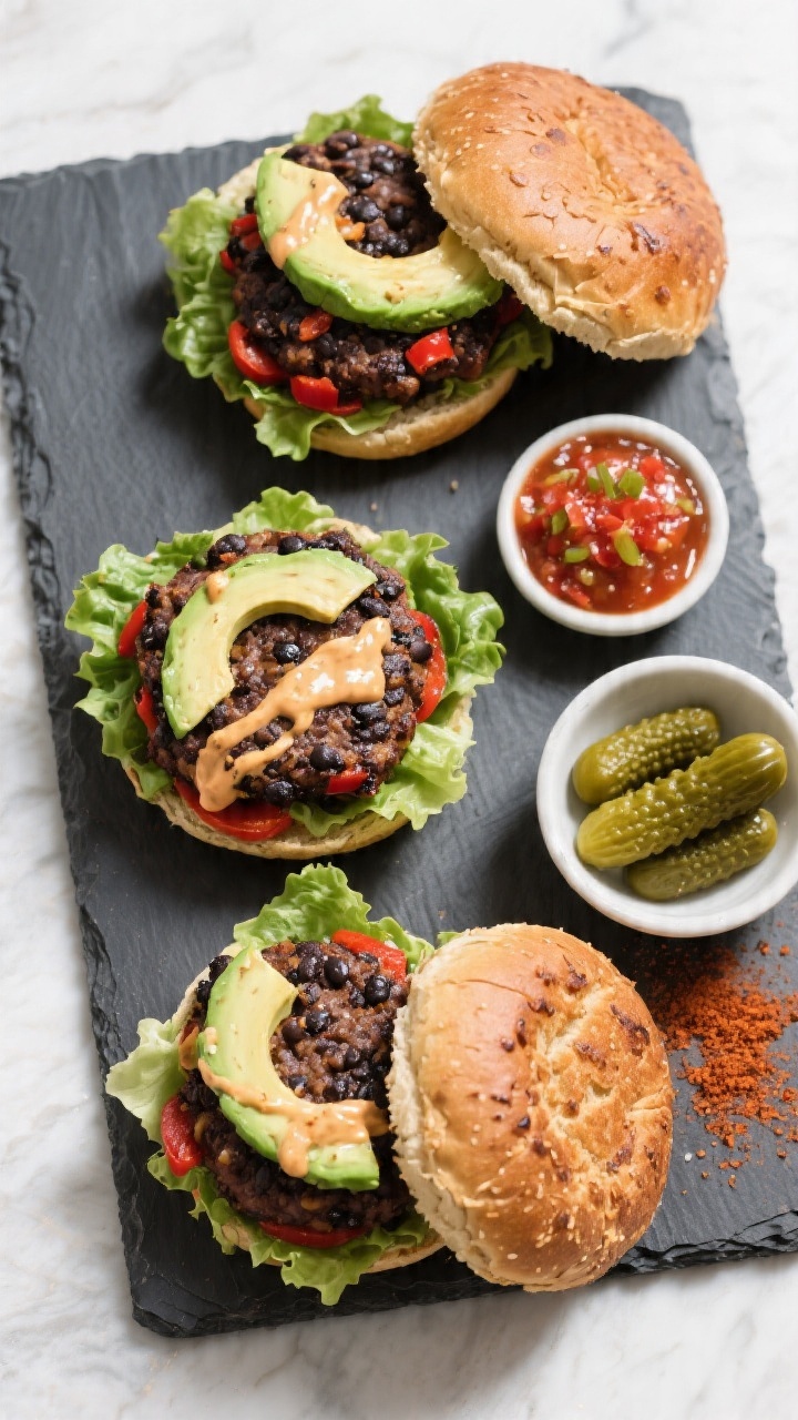 Overhead top-view black bean burger spread: Smoky black bean burgers on whole-grain buns, each patty