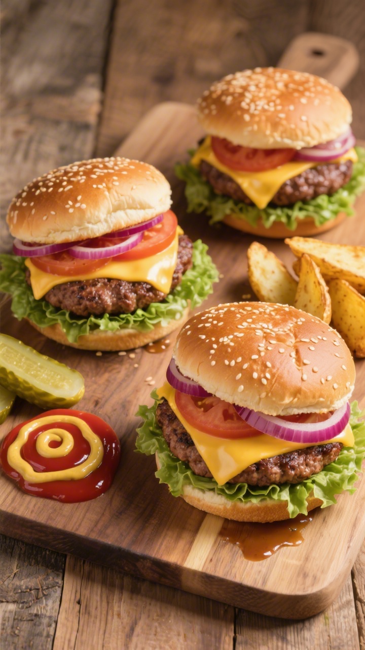 Overhead top view: Classic cheeseburgers on toasted, buttered buns, patties cooked medium with melte
