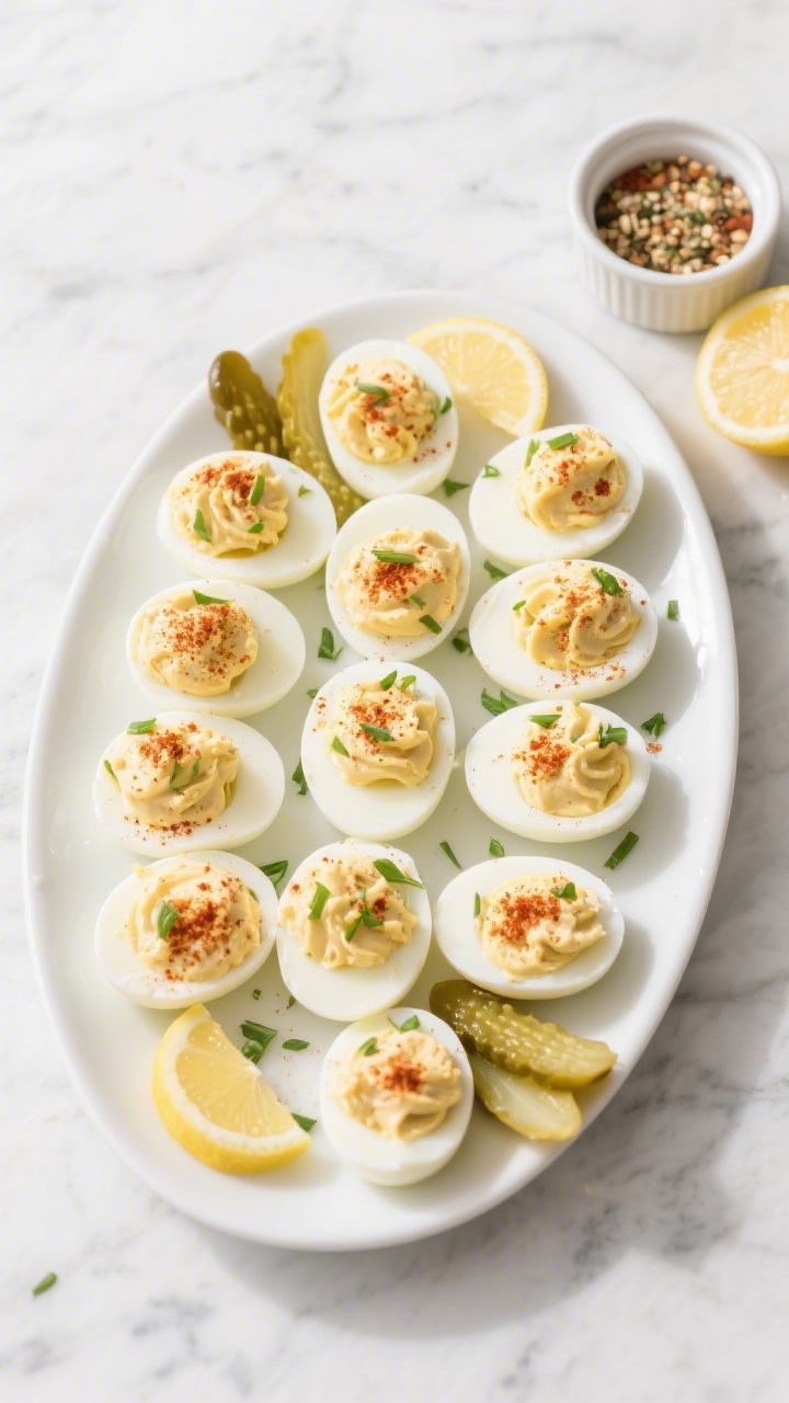 Overhead top-view of a party-ready platter of deviled eggs: symmetrical rows on a matte white oval p