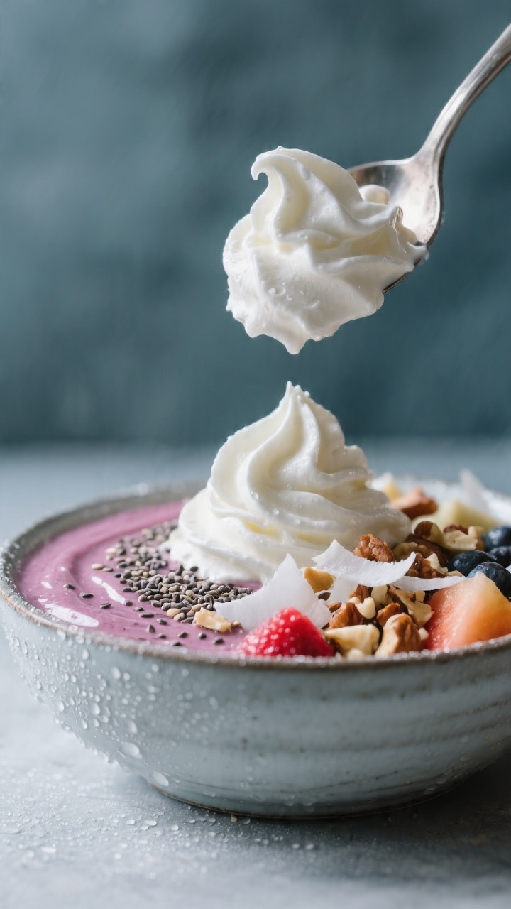 Plated presentation detail: Side-angled close-up of the finished smoothie bowl showcasing soft-serve