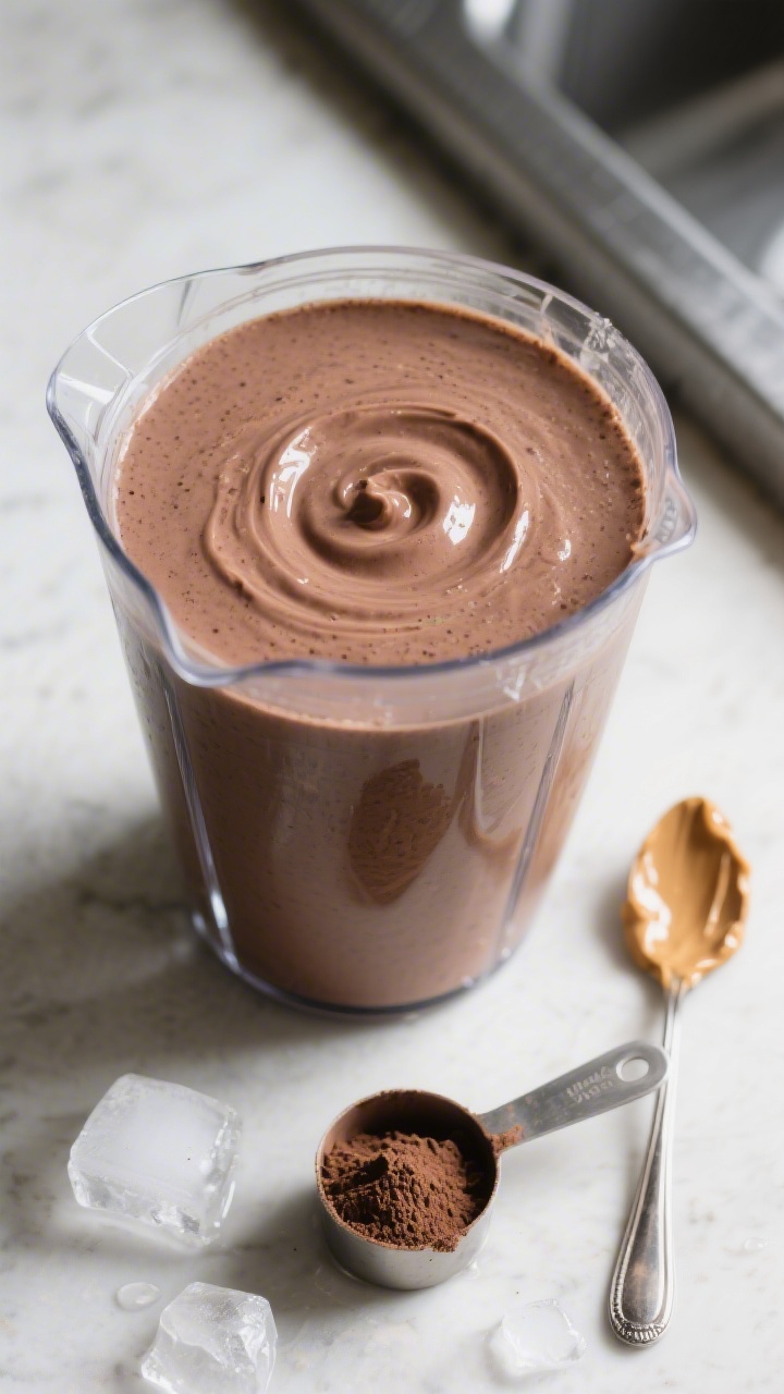 Process action: Blender jar filled and just blended to a uniform, velvety smoothie, showcasing the f