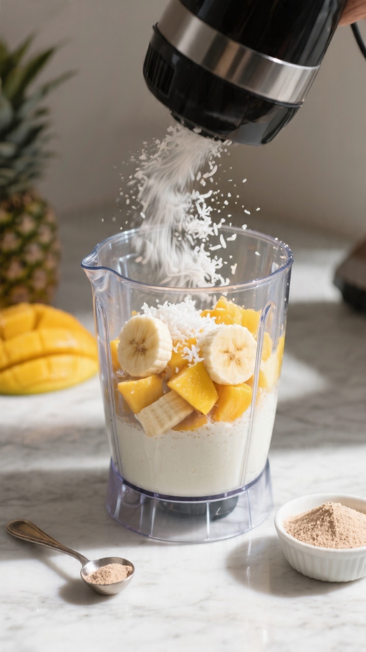 Process action: Coconut smoothie blending stage, blender jar filled with chilled coconut milk, froze
