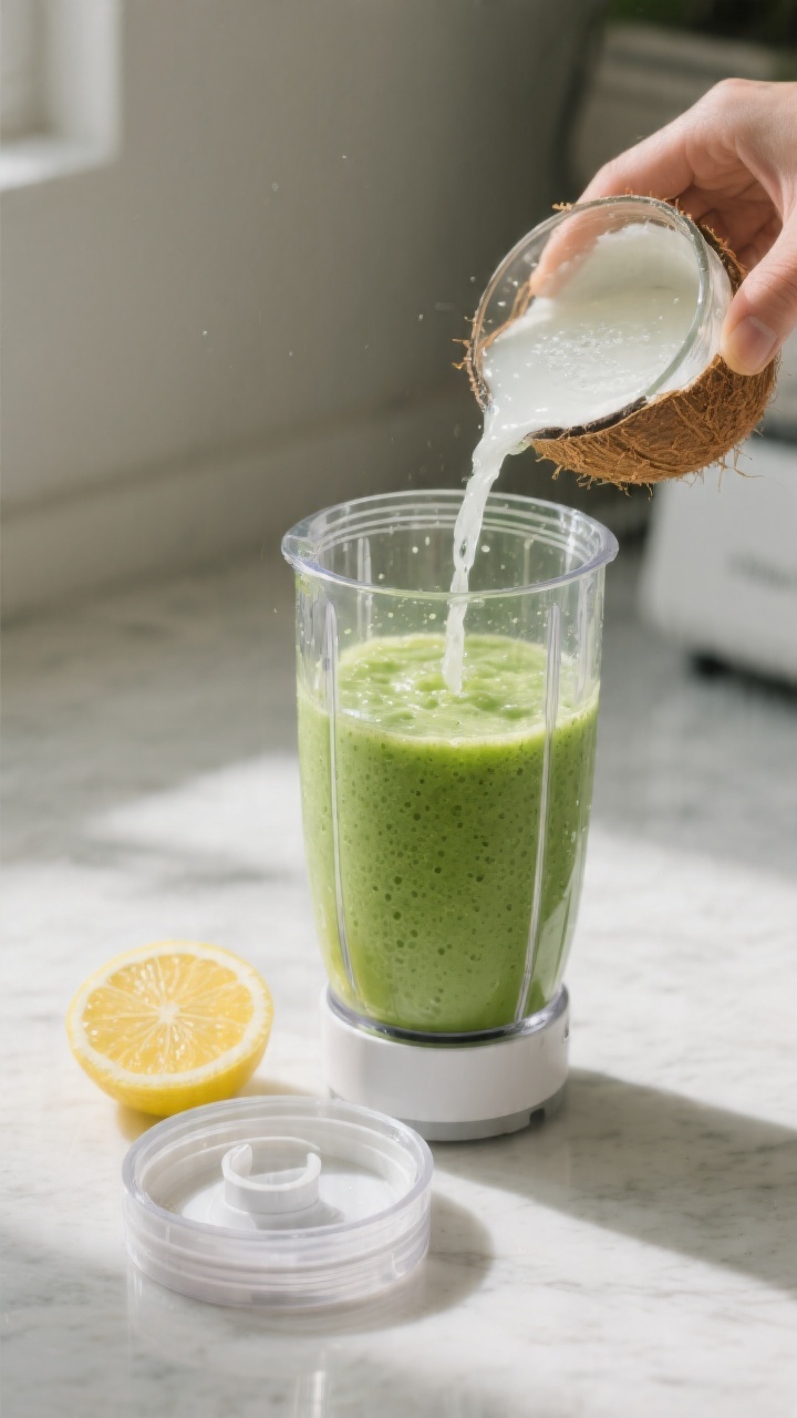 Process-action shot of the smoothie just after blending, showing the blender jar on a clean counter 