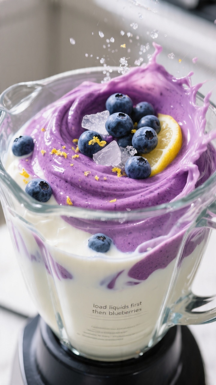 Process action shot of the smoothie mid-blend in a high-speed blender: liquids at the bottom with cr