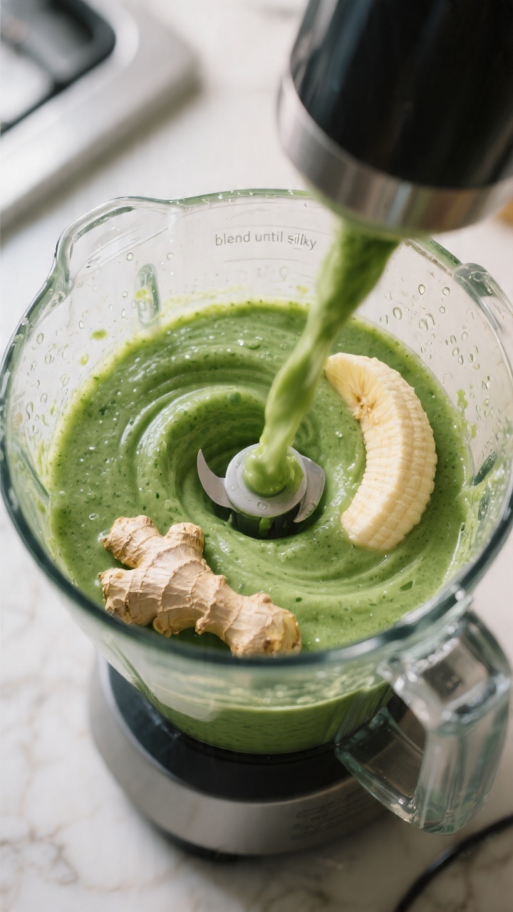 Process action shot: The smoothie mid-blend inside a high-speed blender, liquid base at the bottom w