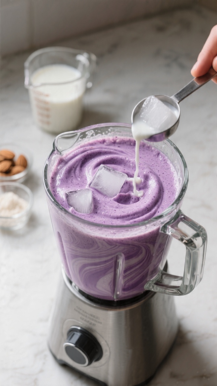 Process action: The smoothie mid-blend in a high-speed blender jar, showing a swirling, thick, frost