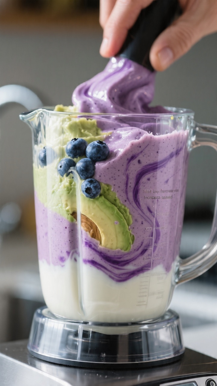 Process-focused side angle of the smoothie mid-blend inside a high-speed blender jar, showing distin