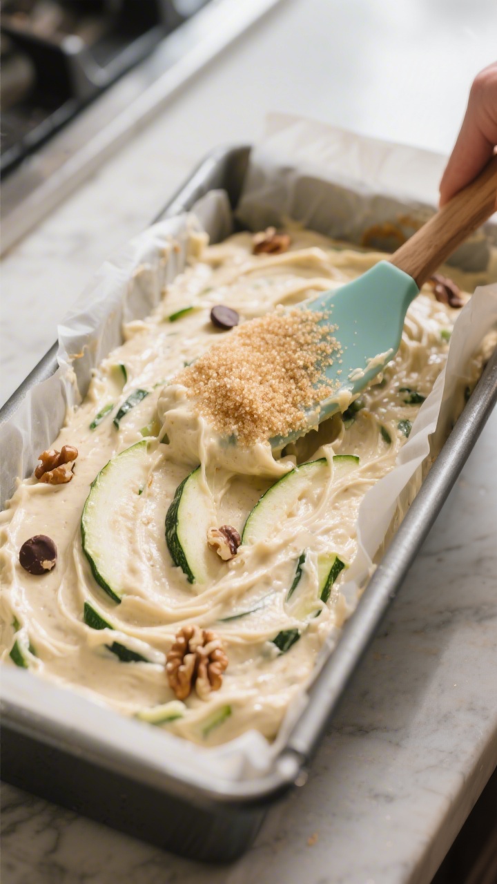 Process-focused, three-quarter angle shot of the thick, slightly lumpy batter being scraped into a g