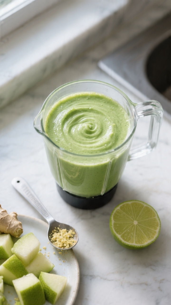 Process-in-action: Blender jar from above just after blending until ultra-smooth, showing the unifor