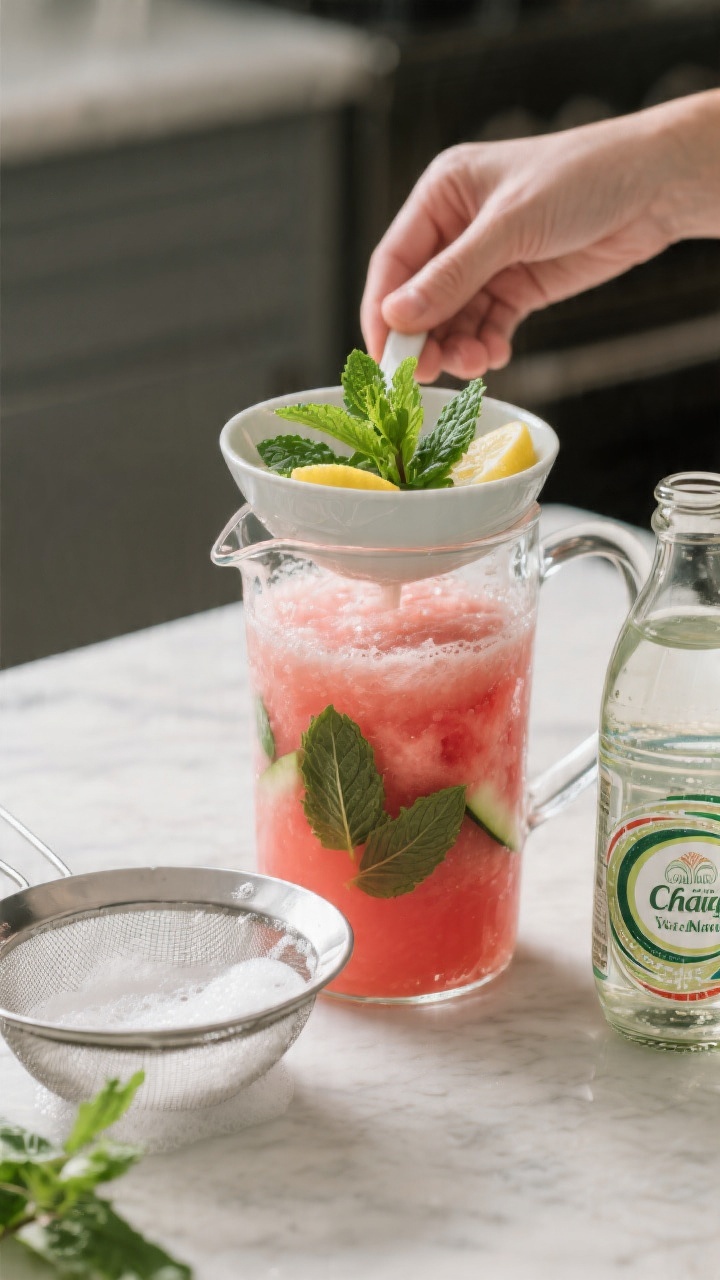 Process-in-action shot focusing on technique: strained, silky-smooth watermelon-lemon base in a mixi