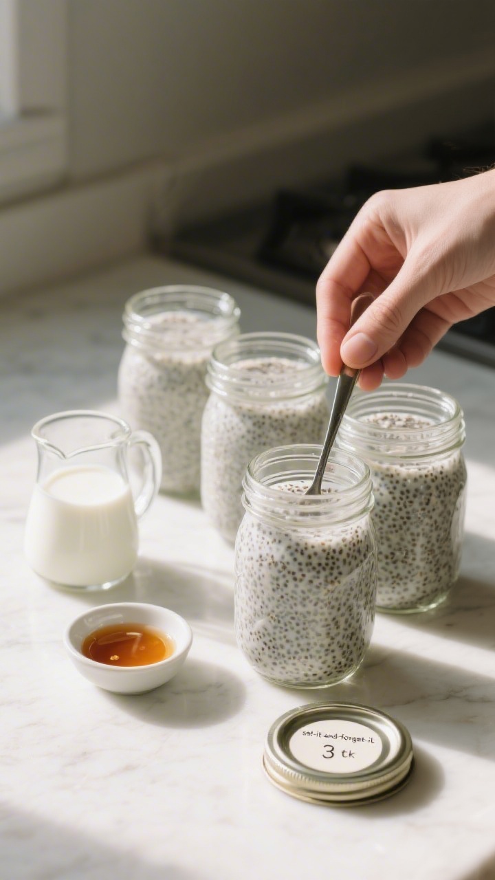 Process-in-action shot (no hands visible): Freshly mixed chia pudding base in multiple identical jar