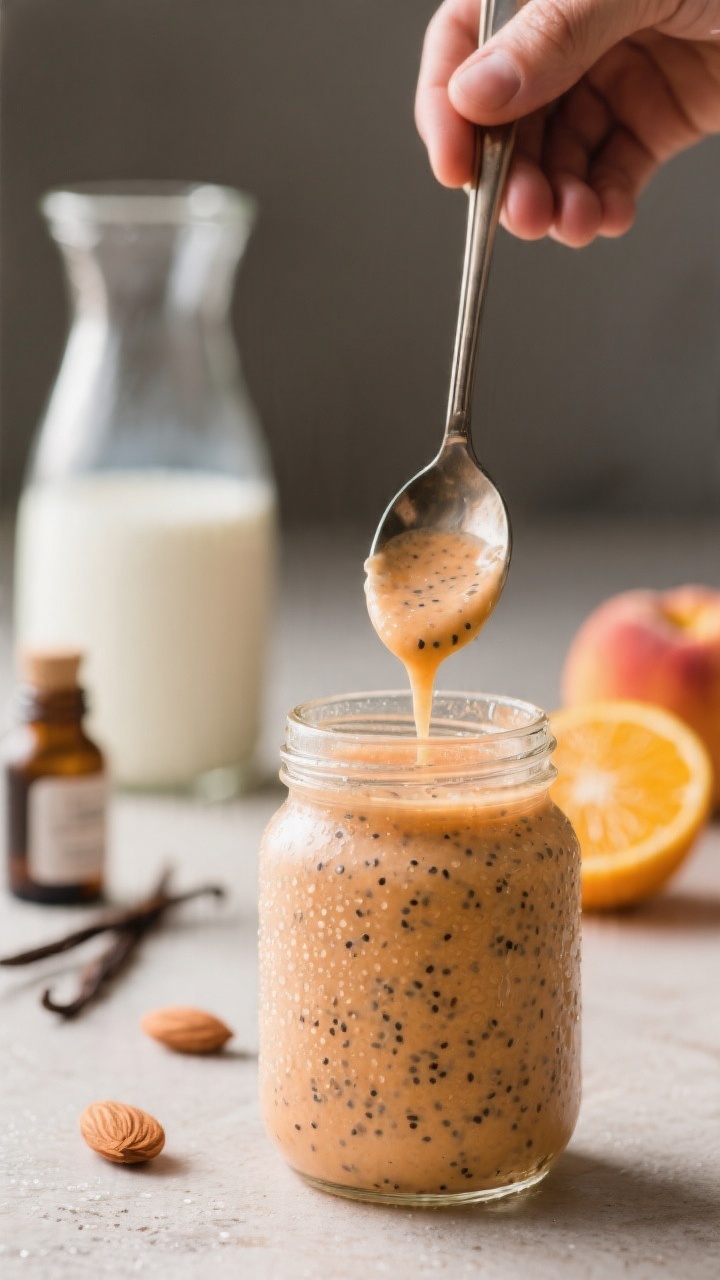 Process in-action: The blended Orange Peach Chia Smoothie just after resting for 2–3 minutes in a 