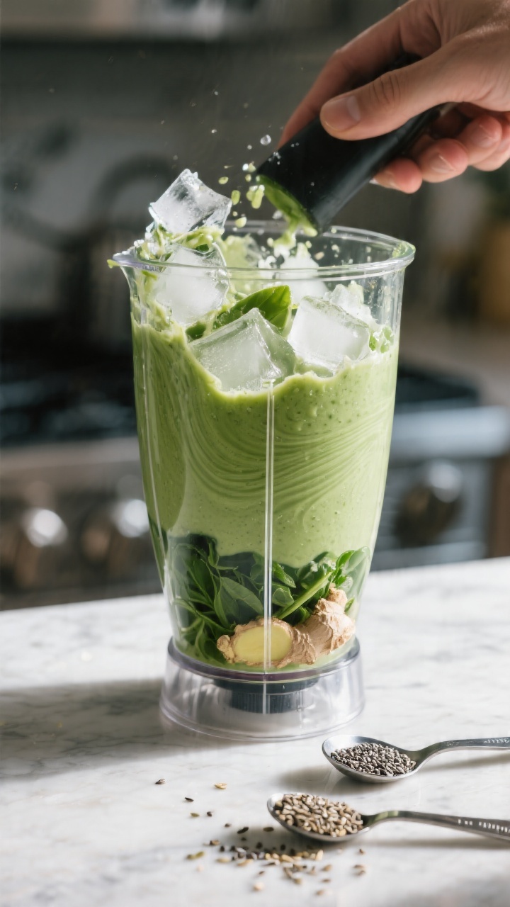 Process-in-action: The smoothie mid-blend in a high-speed blender jar, showing layered, fully preppe