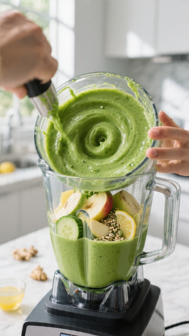 Process-in-action: The smoothie mid-blend in a high-speed blender, liquids added first and greens pr