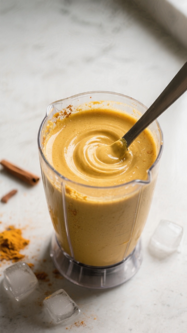 Process moment: Blender jar filled and fully blended to a uniform, glossy golden mixture, captured j