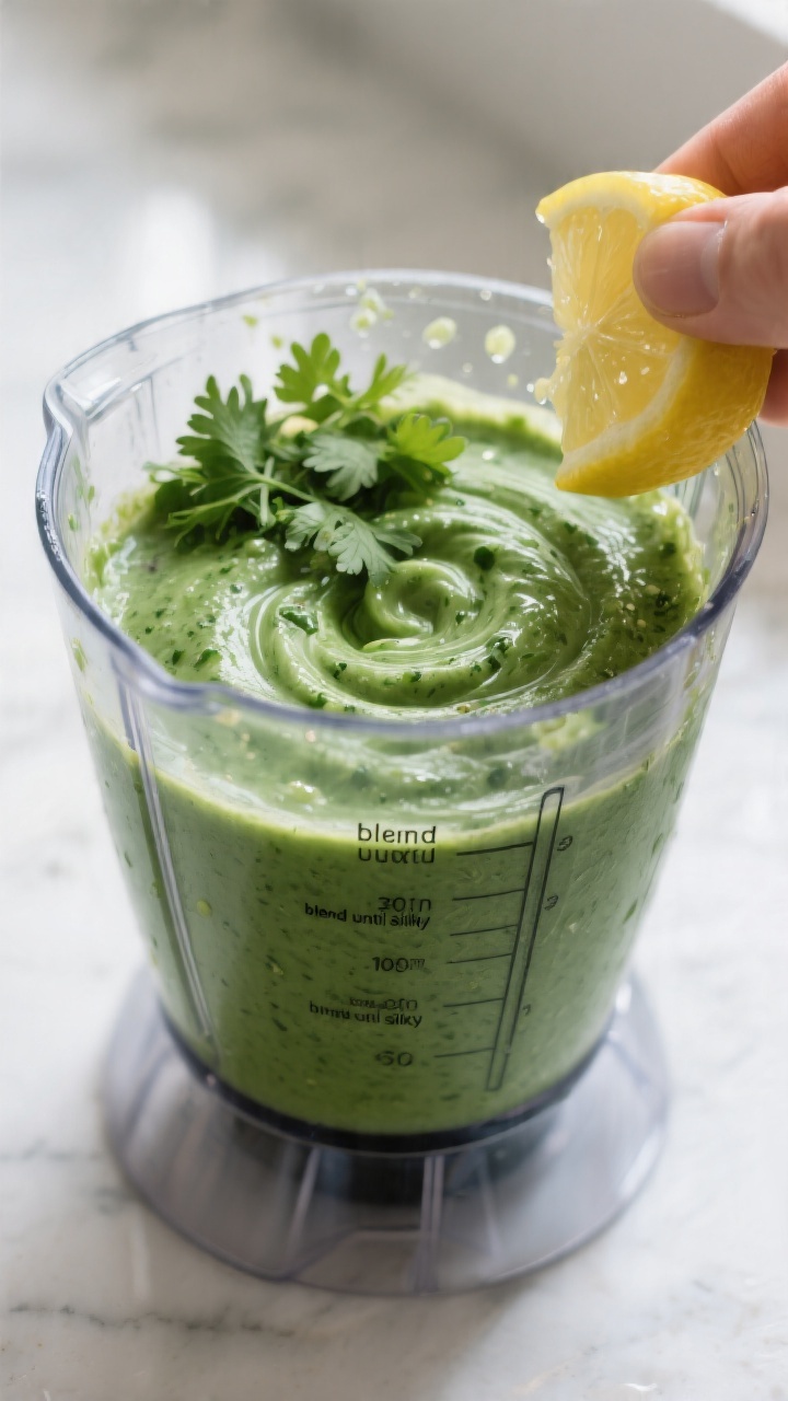 Process moment: The smoothie mid-blend in a high-speed blender jar, showing a smooth, vortexed emera