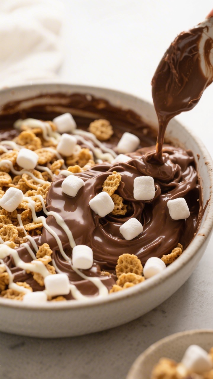 Process shot at a 45-degree angle of the just-mixed chocolate–cereal base being gently folded with