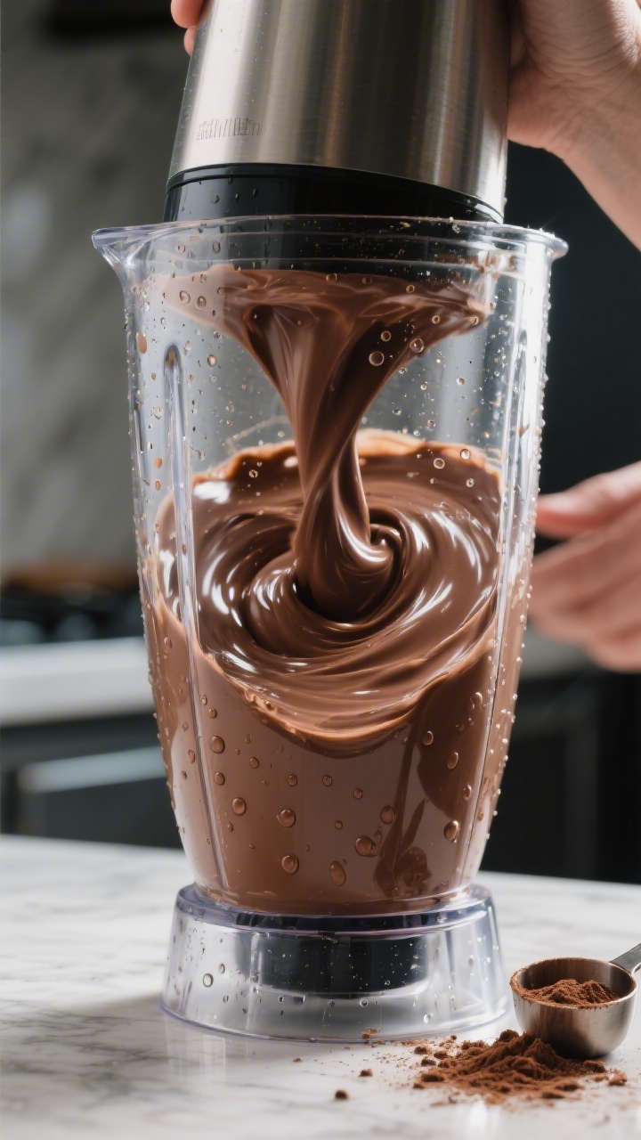 Process shot capturing the blending stage: ingredients already combined and fully integrated into a 