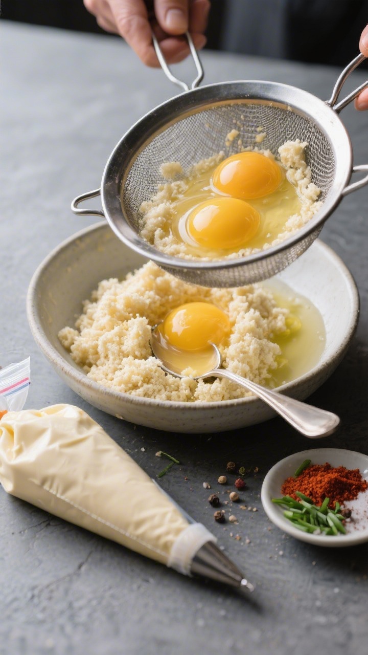 Process shot capturing the ultra-smooth filling step: cooked egg yolks pressed through a fine mesh s