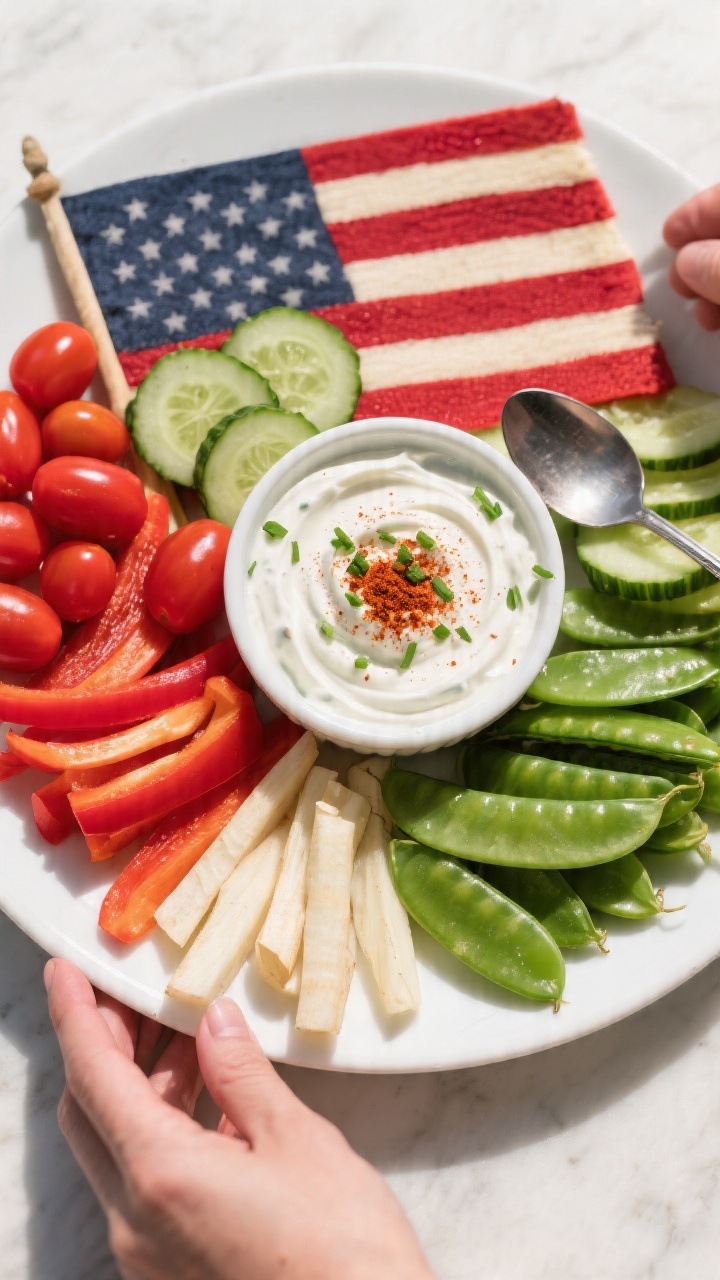 Process shot of the Firecracker Veggie Platter with Ranch Dip being finalized: prepared platter arra