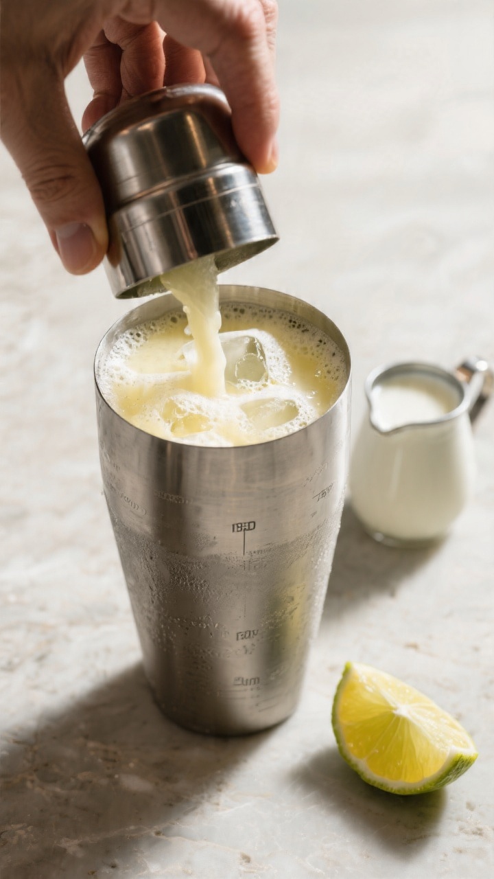 Process shot of the mocktail mid-shake: stainless shaker just opened with the creamy, emulsified mix