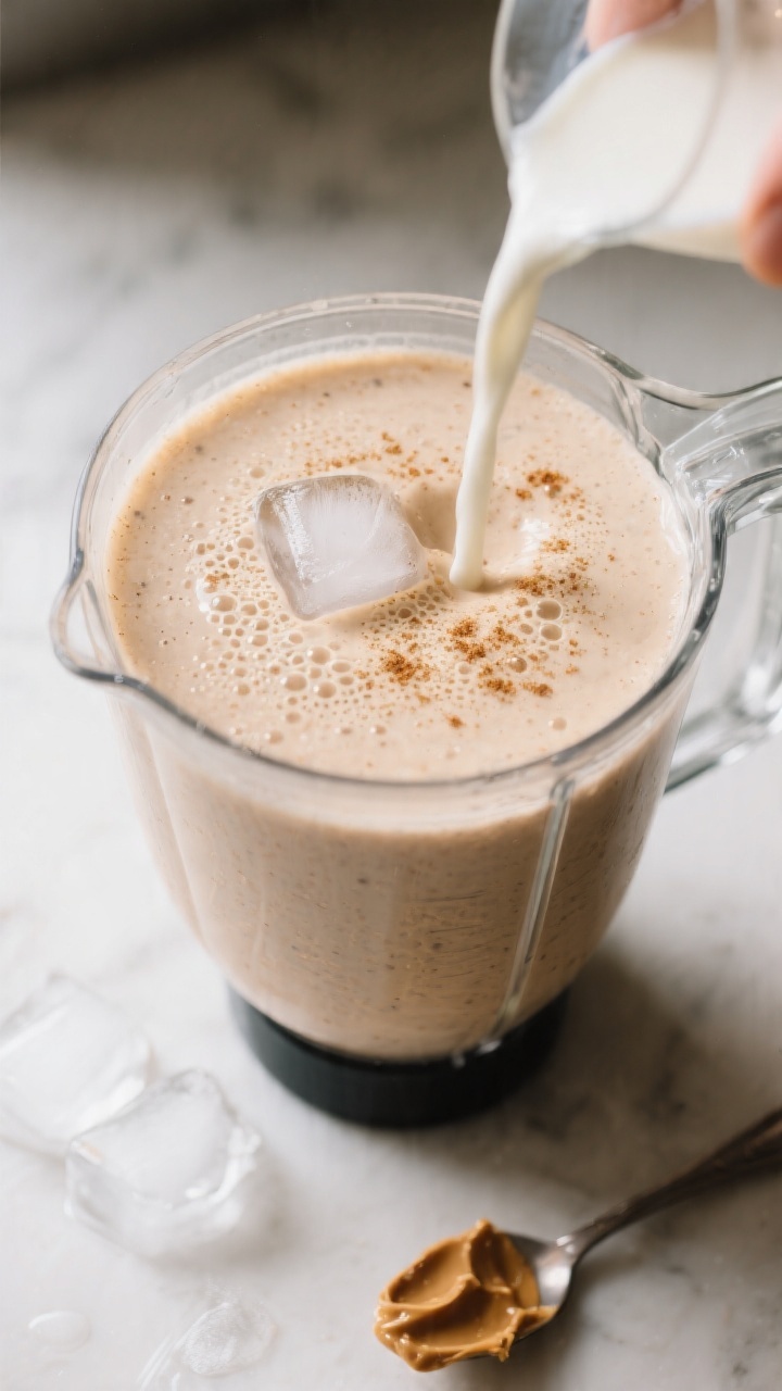 Process shot of the smoothie in the blender jar just after blending, showing a perfectly smooth, cre