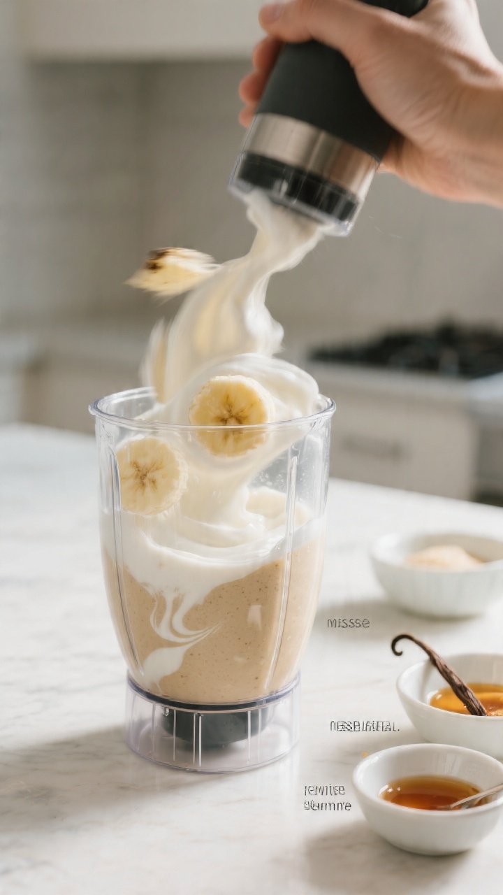 Process shot of the smoothie mid-blend in a high-sided blender jar: liquids at the bottom with visib