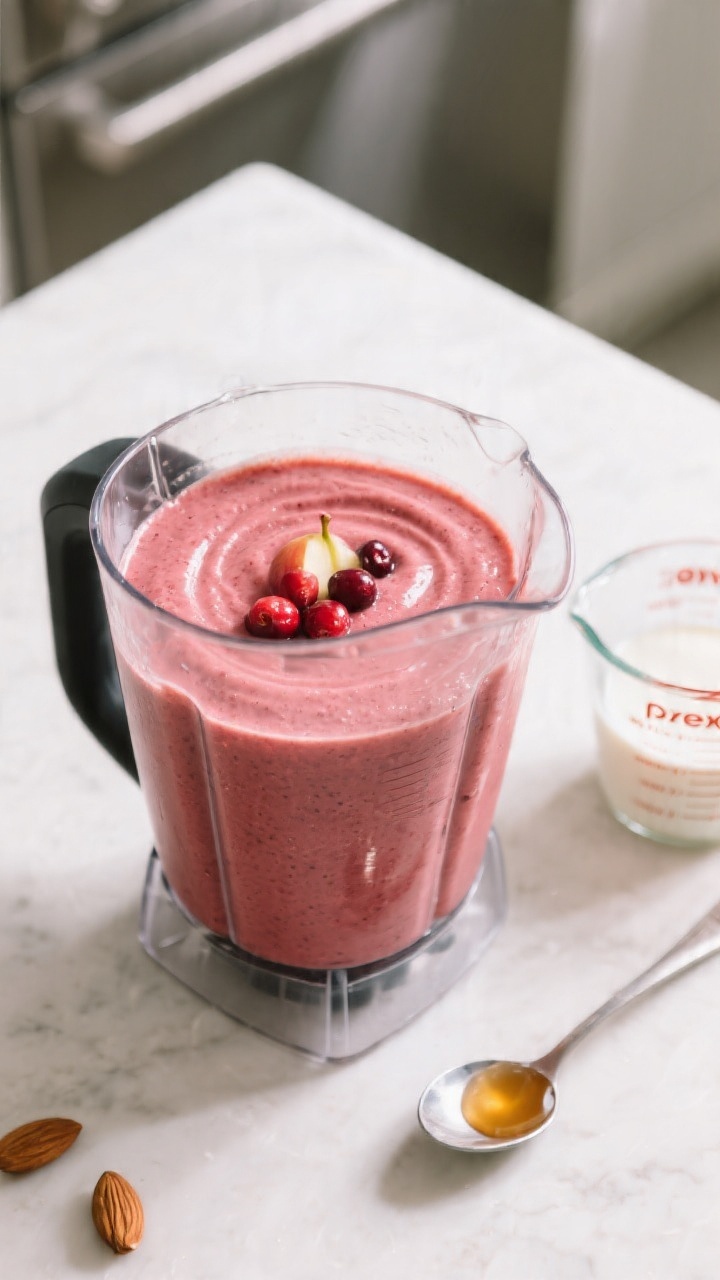 Process shot: smoothie in the blender just after final blend, ultra-smooth and creamy with a vivid c