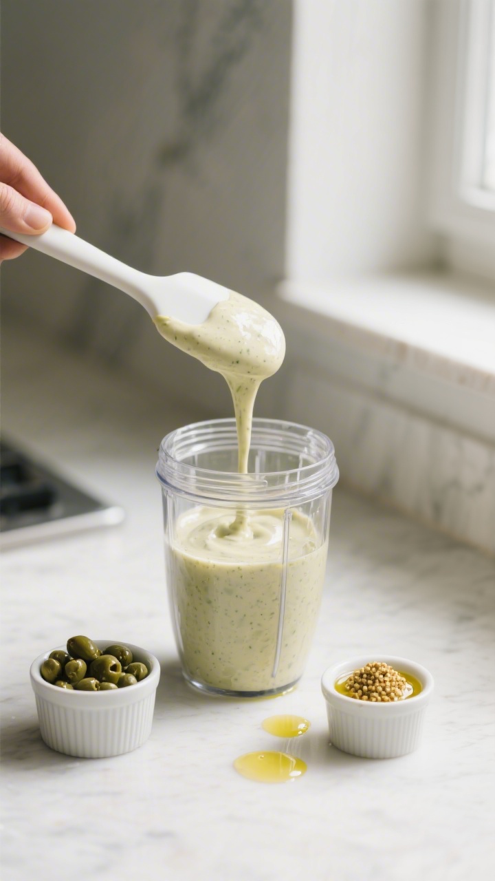 Process shot: the finished, blended vegan Caesar dressing in a clear blender jar showing its ultra-s