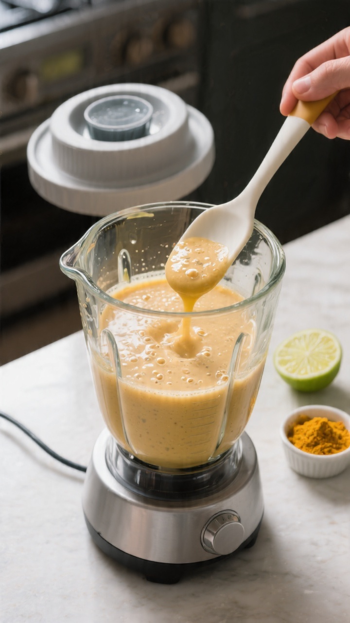 Process shot: the smoothie in a high-speed blender just after blending, ultra-smooth and airy with m