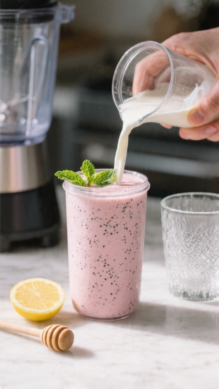 Process shot: The smoothie just blended to a silky texture in a high-speed blender jar, pale pink hu