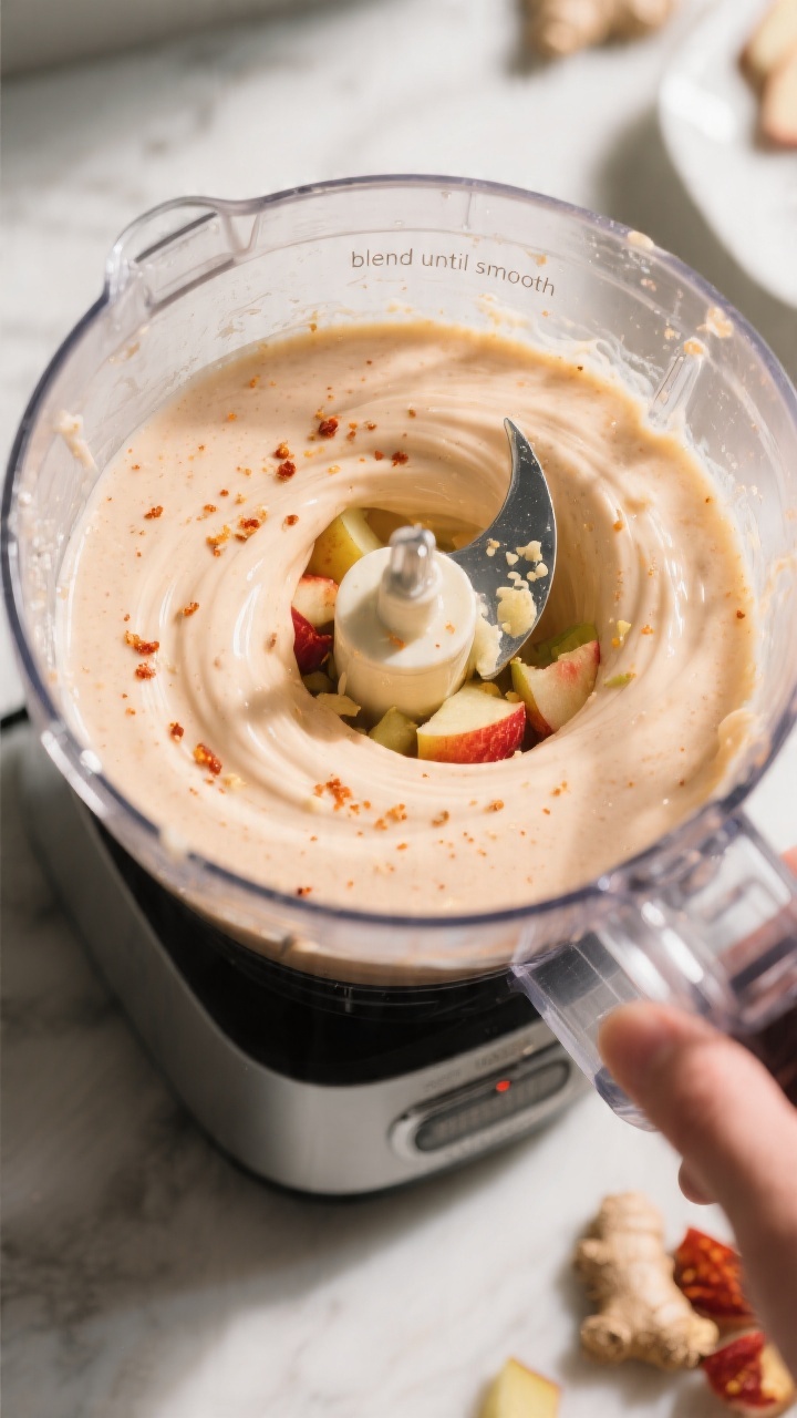 Process shot: the smoothie mid-blend in a high-speed blender, viewed slightly angled from above to s
