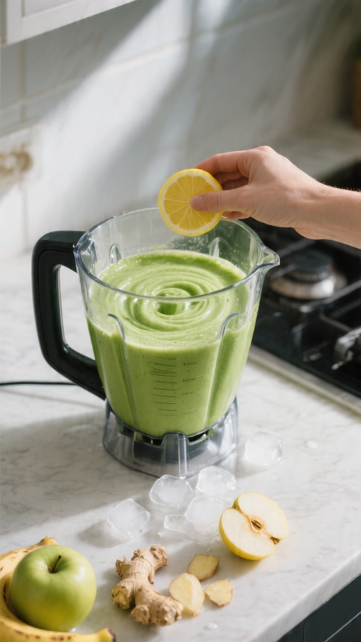 Process shot: The smoothie mid-blend in a high-speed blender, already creamy and uniform with a lumi